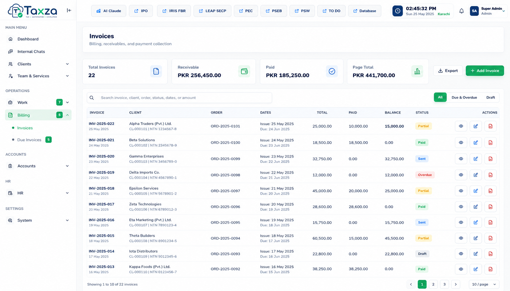 Taxza invoices list with clients, totals, balances and status